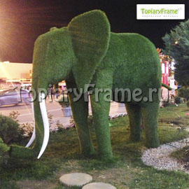 Топиари «Слон с бивнями из стеклопластика» из иск. травы Газон, высота зеленой фигуры 190см, длина 280см. Установлен в ТРК «СБС Мегамолл» г.Краснодар, 2013г.
